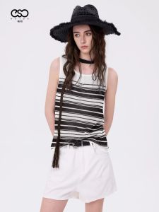 Esipo Linen Knitted Slim Vest Womens Summer Classic Black White Stripes Sleeveless Cool Top Hollow out Regular Fit Casual Wear