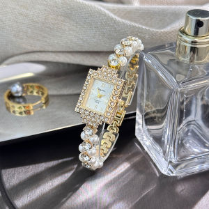 Đồng Hồ Nữ Cao Cấp Mặt Quartz Với Dây Đeo Ngọc Trai Nhỏ Hai Hàng Và Thiết Kế Lãng Mạn Kiểu Pháp Đính Kim Cương Vuông Sáng Lấp Lánh