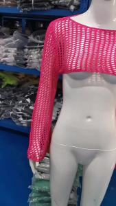 ali Âu Mỹ 2024 Áo Len Móc Tay Nữ Mẫu Mới Mùa Thu Áo Cánh Lưới Gợi Cảm Tay Loe Mẫu Siêu Ngắn Thoải Mái Cho Nữ Sành Điệu