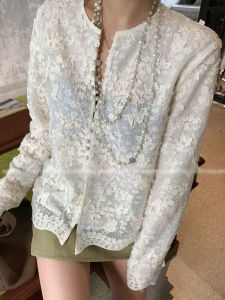 Elegant Embroidered Lace Shirt Womens Spring French Design Heavy Work 3D Floral Top Korean Style Loose Fit Long Sleeve