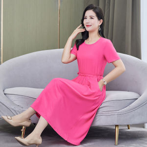 ชุดเดรสผ้าไหมคอตตอนแขนสั้นผ่าหน้าเอวสูงทรงเอ ชุดเดรสยาวคลุมเข่าสไตล์เรียบง่ายสำหรับผู้หญิง