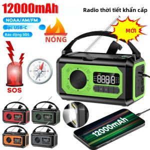 Đài Phát Thanh Khẩn Cấp Di Động 12000mAh Với Kênh Thời Tiết AM/FM/NOAA 2 Tấm Pin Năng Lượng Mặt Trời Đèn Pin Quay Tay Cho Hoạt Động Ngoài Trời Cắm Trại