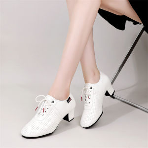New Latin Dance Shoes Womens Outdoor Wear White Sailor Adult Soft Bottom Genuine Leather Dancing Shoes Medium High Heel Square Dance Shoes