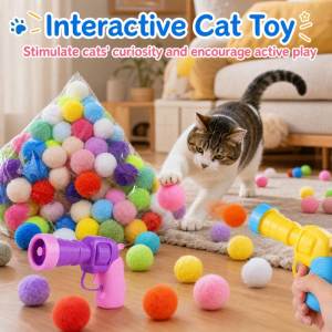 Teekland Cat Toy Launchers & 20 Cat Pom Pom Balls Interactive Cat Plush Ball Shooter with Colorful Soft Pom Pom Balls Indoor Kitten Exercise Toy for Cats Playing Chasing