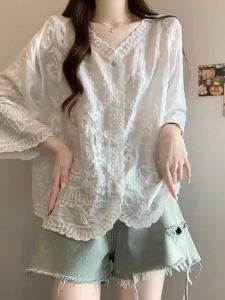 AIYITI | High-Quality Lace Embroidery V-Neck Sun-Protection Lightweight Plus Size Womens Shirt