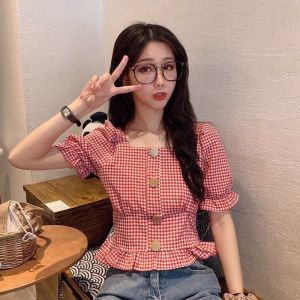 Summer 2025 Womens Chiffon Shirt Waist-Cinching Square Collar Short Sleeve Plaid Top Versatile Design Straight Cut Lace Detail