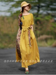 Original Ethnic Style Cotton Linen Long Skirt Spring Summer New Flower Pattern Splicing Style Womens Dress A-Line Silhouette