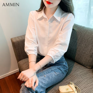 AMMIN spring/summer new lapel white commuting embroidery hook floral hollowed out lace stitching Lantern Sleeve chiffon blouse Womens Korean version style short sleeve single breasted elegant blouse