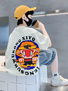 Boys Summer Cotton T-Shirt Cartoon Print Short Sleeve Loose Fit Casual Top for 5-14 Years Old Kids Absorb Sweat Street Style