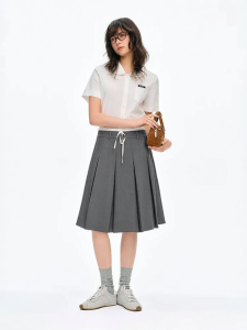 DUSHU | Slack Fabric Contrast Color Adjustable Waist Skater Pleated Skirt