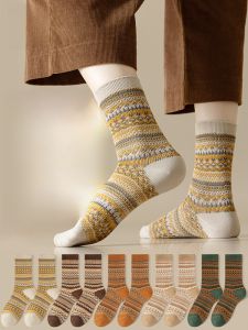 miiow | Womens Mid-Calf Socks Casual Versatile Cotton Polyester Blend Autumn Winter Retro Ethnic Style Long Socks Comfortable All-Match