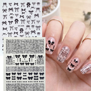 2Pcs Black Bow Tie Nail Art Stickers Wooden Plaid French Style Ribbon Bow Adhesive Nail Decals DIY Nail Decoration Nail Supplies