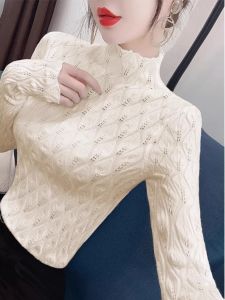 WANGGONGZHU | Fashionable Lace Base Shirt Womens Autumn Winter Half High Collar Sweater Sleeve Long Slim Fit Korean Style Commute Style