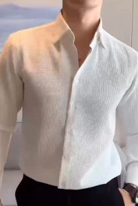 Mens Fashion Short Sleeve Shirts Korean Style Plain Waffle Lapel Shirt Tops For Men Kemeja Lelaki Lengan Pendek