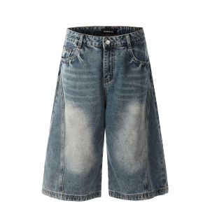 Mens Vintage Washed Cargo Shorts Summer Casual Distressed Street Loose Fit Denim Jeans‌