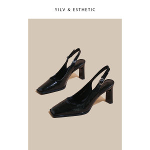 สไตล์ฝรั่งเศส รองเท้าแตะส้นสูงหัวเหลี่ยม ผู้หญิง ส้นหนา 2024 ฤดูใบไม้ผลิ ฤดูร้อน เดินทางใหม่ทาสี หนัง รองเท้าเดี่ยวหุ้มเท้า