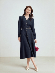 Koradior | Cotton Timeless Young-Looking V-Neck Waist-Emphasizing Denim Dress