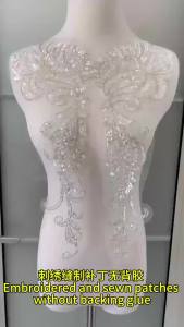 1Pair/45*16CM White Flower Rhinestone Tube Beaded Sequin Embroidery Sewing PatchLace Bodice Applique Sew On Patches For Dress