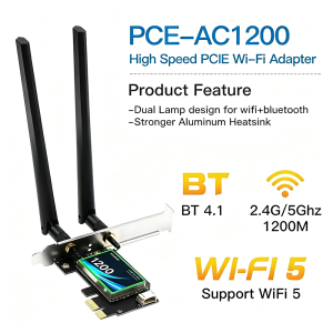 Kebidumei | KEBIDUMEI AC1200 PCI‑E WiFi5 Network Card BT4.1 Dual Band 2.4G/5GHz Desktop Wireless Adapter For Windows PC