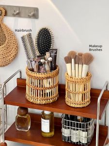 Rattan Woven Makeup Brush Storage Box Desktop Foundation Brush Organizer Cosmetic Holder Bamboo Material Beauty Tool Rack