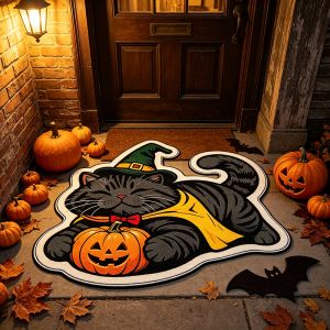 VIKAMA Halloween Witch Cat Pumpkin Floor Rug Soft Anti‑Slip Irregular Mat For Front Door Indoor Outdoor Holiday Home Decor