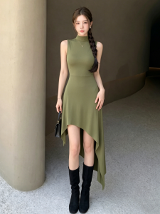 QIANMANZI | Đầm Dài Ôm Body Cao Cổ Không Tay