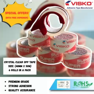 [SPECIAL OFFER!!] VISKO - 6 ROLLS CRYSTAL CLEAR OPP TAPE WITH FREE DISPENSER (68MIC X 48MM X 50M)