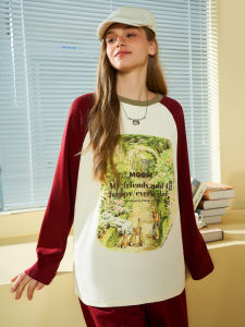 Loose Fit Long Sleeve T-Shirt Womens Vintage Print Color Block Cotton Polyester Spring 2025 American College Style Top