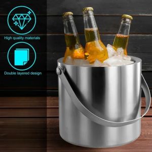 2.0L/3.0L Stainless Steel Ice Bucket with Lid Strainer Tong Double Walled Insulated Ice Bucket Ice Container Cooler Good Sealing