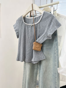Áo Thun Tay Ngắn Cổ Vuông Viền Ren Màu Xám Cho Nữ Mùa Hè Thiết Kế Nhỏ Gọn Áo Thun Cotton Thường Ngày Thoải Mái Thoáng Khí