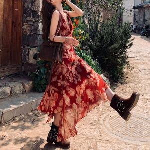 Summer Heat Love Retro Red Asymmetrical Floral Print Dress Womens Summer Print Dress 2025 New Womens High Waist Knitted Polyester Fiber