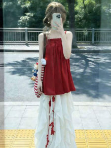 CHANGTONG | Red Gentle Style Strap Top and Skirt Set 26 Code Summer