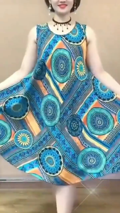 Printed Women Casual Sleeveless Mini Dress Loose Round Neck A-Line Hem Printed Dress 6017-04