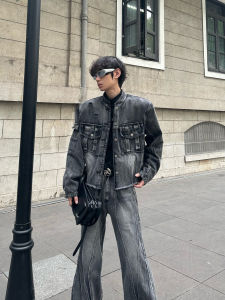 Retro Knitted Denim Two-Piece Set Deconstructed Pleated Design Original Small-Batch Fashion for Teen Boys Long Sleeve Jeans