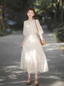 Wendy French Style Gentle Fairy Skirt White Hollow out Long Dress High Waist A-Line Summer Tea Break Dress V-Neck Short Sleeve