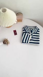 Sweater Crop Premium Acrylic - Atasan Blouse Wanita Berkerah Polo Motif Stripe