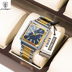 POEDAGAR Watch for Men Original Square Quartz Men Watch Waterproof Luminous Stainless Steel Mens Watches Male Reloj+box