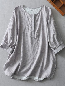 เสื้อเชิ้ตแขนสั้นผ้าฝ้ายลินินพิมพ์ลายฤดูร้อน 2025 สำหรับผู้หญิง ทรงหลวม ลำลอง สีเทา ทรงปกติ เสื้อเชิ้ตคอกลม