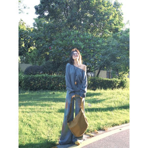 Loose Long Sleeve Shoulder Bared Sweatshirt Women Early Autumn New Style Versatile Lazy Feeling Trendy Slant Shoulder Top