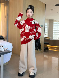 เสื้อสเวตเตอร์ถักสีแดง NextKiss เสื้อชั้นในหนาสำหรับเด็กผู้หญิง ฤดูใบไม้ร่วง/ฤดูหนาว เสื้อชั้นในหนา ผ้าฝ้ายผสมโพลีเอสเตอร์ แขนยาว ปกติ