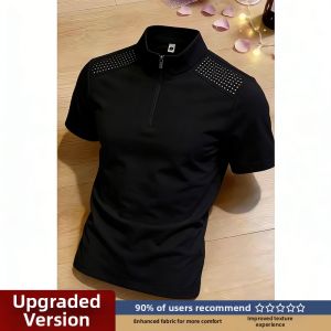 Black Half Zip Quick-Dry Thin Breathable Ice Silk Mesh Mens T-Shirt