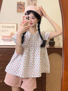 Sweet Girl Heart Print Loose Fit round Neck T-Shirt Womens Summer New Style French Country Style Blue Top Creative Pattern Cotton Blend Short Sleeve