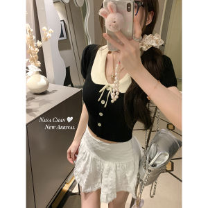 French Doll Collar Bubble Short Sleeve Knitted Top Womens Summer Fashionable Elegant Short Style Beautiful Small T-shirt