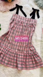 MYDU Shop I MS 2459 - ĐẦM SỌC CARO 2 DÂY CỘT NƠ VAI