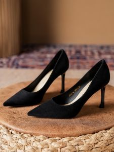 New French Style Velvet Black High Heels Commute Casual Comfortable Womens Shoes Spring Autumn New Professional Not Tired Foot