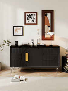 Scandinavian Solid Wood Sideboard Rock Surface Living Room Storage Cabinet Curio Cabinet Simple and Light Luxury Black Locker Entrance Cabinet