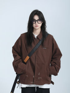 ฤดูใบไม้ร่วง สีน้ําตาล เดนิม เสื้อแจ็คเก็ต ผู้หญิง หลวม อเมริกันวินเทจ แจ๊กเก็ตแบรนด์แฟชั่น ซิป ปกเสื้อ แขนยาวสีบริสุทธิ์ เสื้อโค้ท