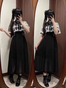 ชุดเดรสยาวลายลูกไม้สไตล์ญี่ปุ่น ทรงเอ เดรสยาวฤดูร้อน กระโปรงสั้น ชุดเดรสคอวีแขนกุด ผ้าโพลีเอสเตอร์ ชุดเดรสสไตล์ญี่ปุ่น