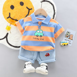 Anak anak Anak laki laki Kemeja polo polo chambray bergaris Celana pendek denim Kapas Baju Katun Pakaian Setelan