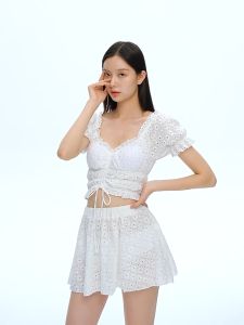 ชุดว่ายน้ํา แขนพัฟ เอวสูง แต่งรูกลวง ขนาดเล็ก สไตล์เจ้าหญิง เหมาะกับเดินชายหาด สําหรับนักเรียน H2442